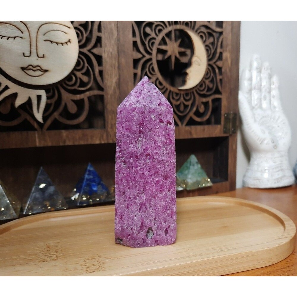 Honeycomb Ruby Corundum Pink UV Reactive Crystal Tower
